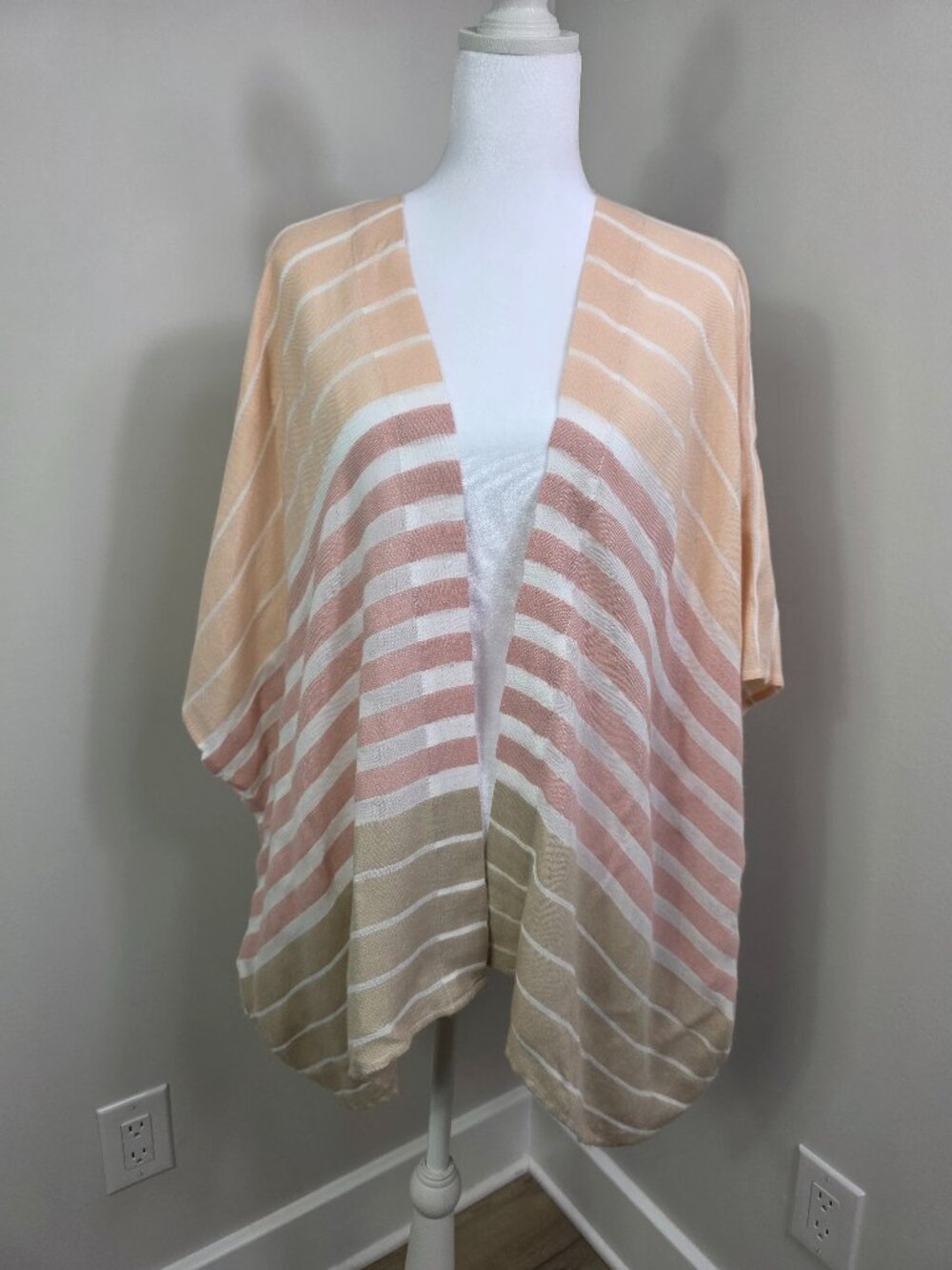 LOFT Striped Lightweight Kimono Shawl Cardigan Ruana Overpiece Pink Coral OS